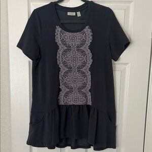 LOGO by Lori Goldstein navy Short Sleeve Top with Lace Detail